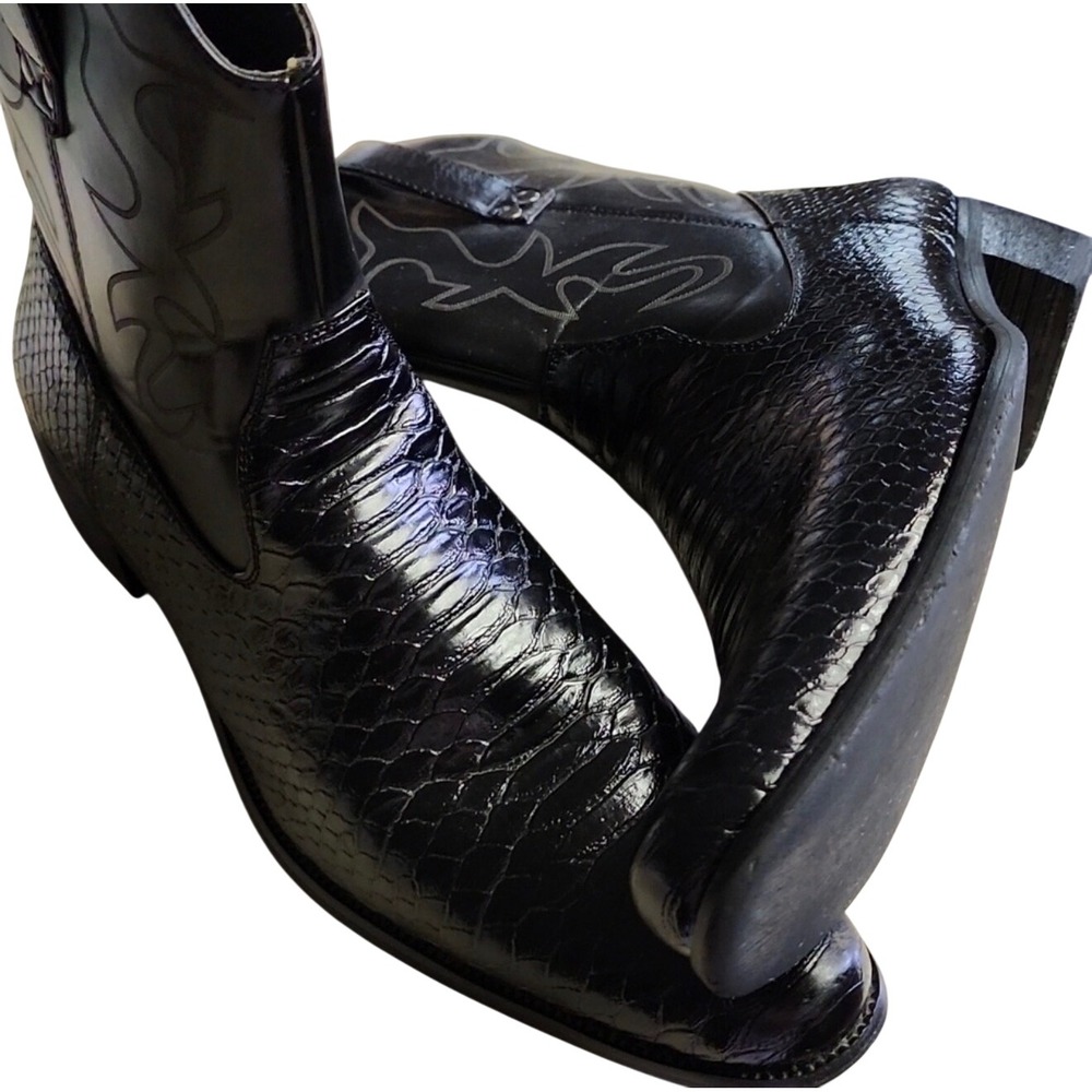 Alberto Fellini Snakeskin Style Western Boots Embroidered Pointed Toe Block Heel - Picture 2 of 5
